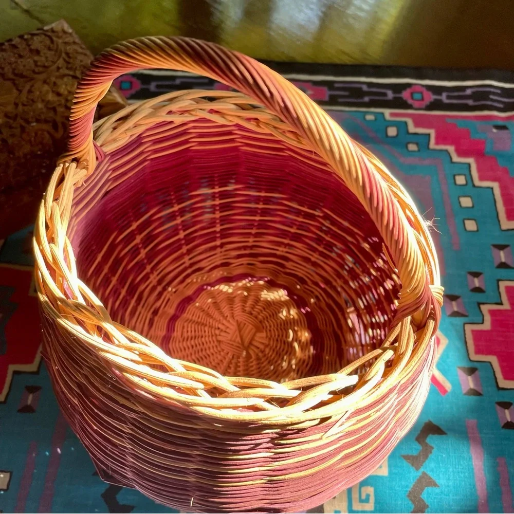 Vintage Hand Woven Round Reed Basket. Purple and Natural Color Striped. 9